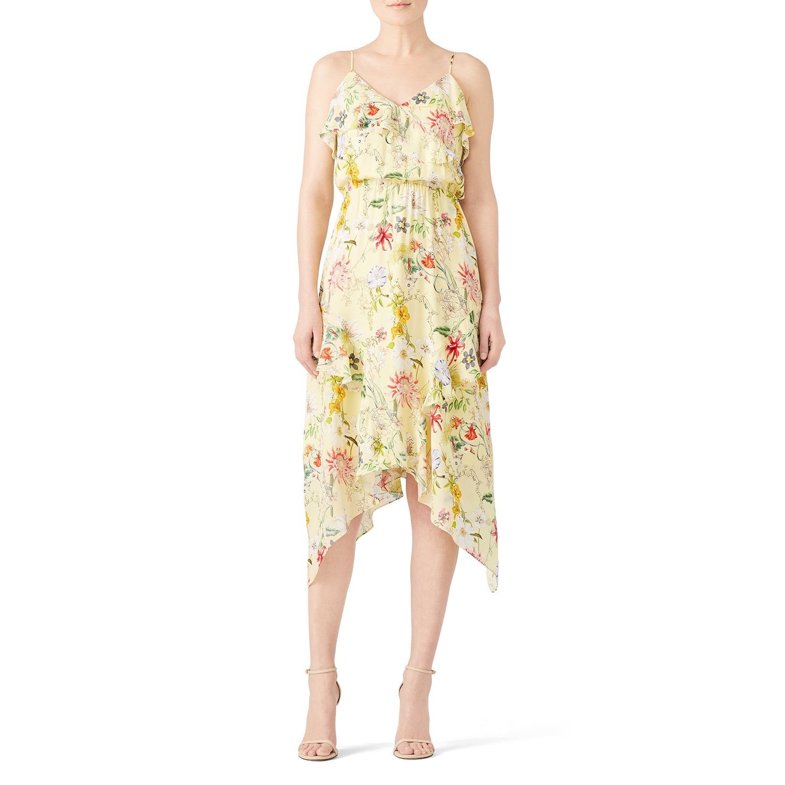 Parker Yellow Floral Silk Ruffle Handkerchief Hem Midi Dress P8c4424gep Womens M